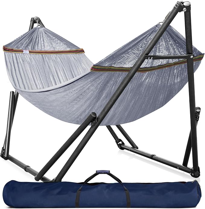 Tranquillo Universal Double Hammock with Stand Included for 2 Persons/Foldable Hammock Stand 600 lbs Capacity Portable Case - Inhouse, Outdoor, Camping, Grey by Tranquillo