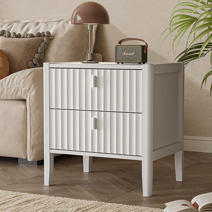 White Nightstand Set of 2, Modern Nightstand with 2 Drawers Storage, Fluted Bedside Table with Metal Handle, Wooden Night Stand for Bedroom - Image 5