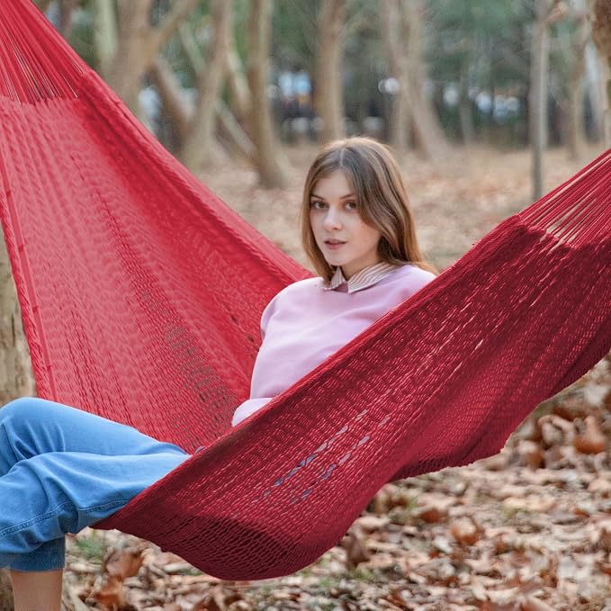 PNAEUT Handwoven Mayan Hammock, Thick Soft Rope Double Hammock for Outdoor Outside & Indoor, 600 lbs Capacity Heavy-Duty, Includes Tree Straps, Carabiners & Carrying Bag (Burgundy Fiesta Red, X-Large) - Image 2