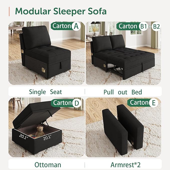 HONBAY Modular Sectional Sleeper Sofa with Pull Out Bed, L Shaped Couch with Storage Seat Sectional Couches for Living Room,Velvet Black