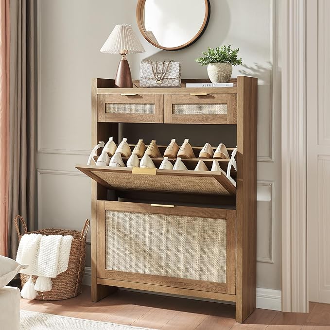 HOKYHOKY Rattan Shoe Storage Cabinet with 2 Drawers & 2 Flip Drawers – Hidden Slim Shoe Organizer for Entryway, Large Tabletop Space, Farmhouse Boho Narrow Shoe Rack, Rustic Oak by HOKYHOKY
