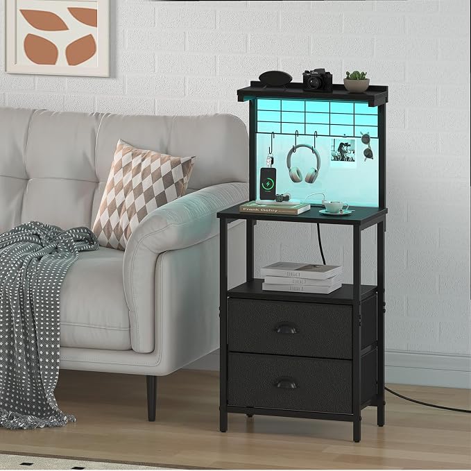 sthmec Bedside Tall Nightstands with Charging Station, LED Bedside Table for Bedroom - 3 PU Fabric Drawers, Hooks, USB/Type-C Ports & Open Bedside Shelves, Black - Image 2