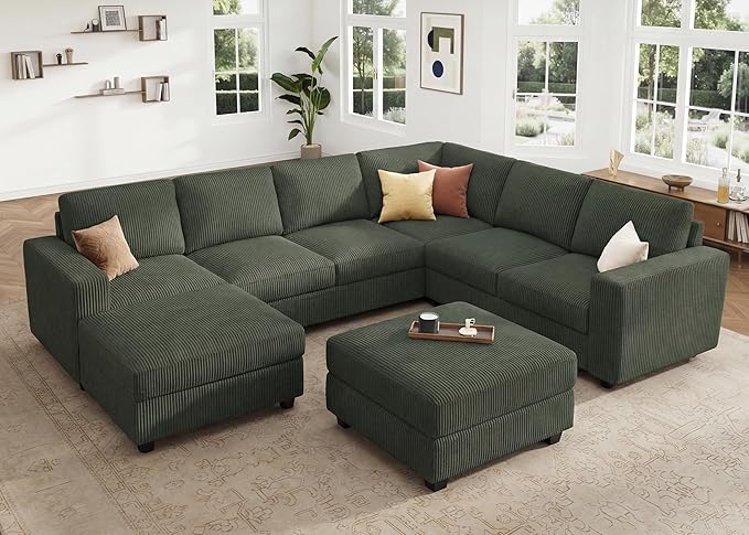 HONBAY Corduroy Sectional Couch with Storage, 8 Seater U Shaped Sectional Sofa Sectional Couches for Living Room, Green