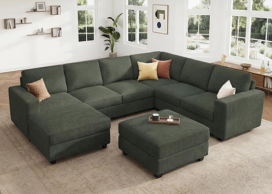 HONBAY Corduroy Sectional Couch with Storage, 8 Seater U Shaped Sectional Sofa Sectional Couches for Living Room, Green