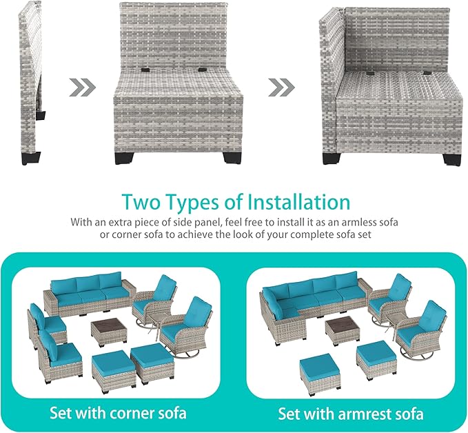 Outdoor Patio Furniture Set with Rocking Swivel Chair Wicker Sectional Sofa Set, 11-Piece Patio Conversation Set with Ottomans and Coffee Table for Garden, Turquoise
