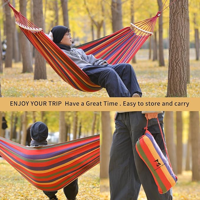 Hammock, Cotton Canvas Hammock Portable Camping Hammock with Carrying Bag Two Anti Roll Balance Beam Metal Carabiner Ropes and Tree StrapsSuit for Indoor,Yard,Camping,Outdoor-Rainbow - Image 2