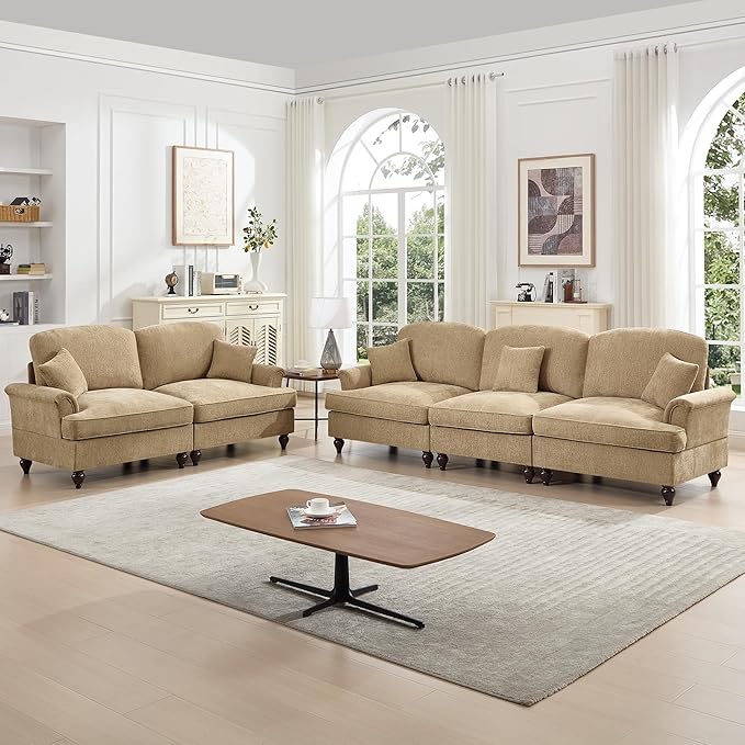 KEIKI Mid Century Modular Sofa with Flared Arms and Skirted Design, 107” Oversized 3-Seater Loveseat Chenille Sectional Couches Set for Living Room, Soft Sofa and Loveseat Furniture Set, Light Coffee