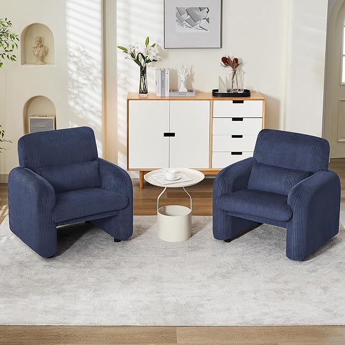 Modern Accent Chairs Set of 2, Comfy Upholstered Corduroy Armchair, Stylish Lounge Reading Chair for Living Room, Bedroom, Blue