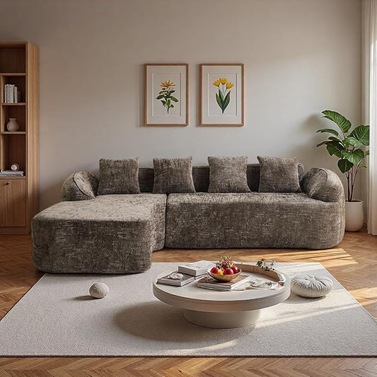 L Shaped Compression Sofa, Modular Couch with Curved Armrests & 4 Coordinating Pillows, Modern 101'' Chenille 4 Seater Sofa with Wide Seat for Living Room, Bedroom, No Assembly, Brown