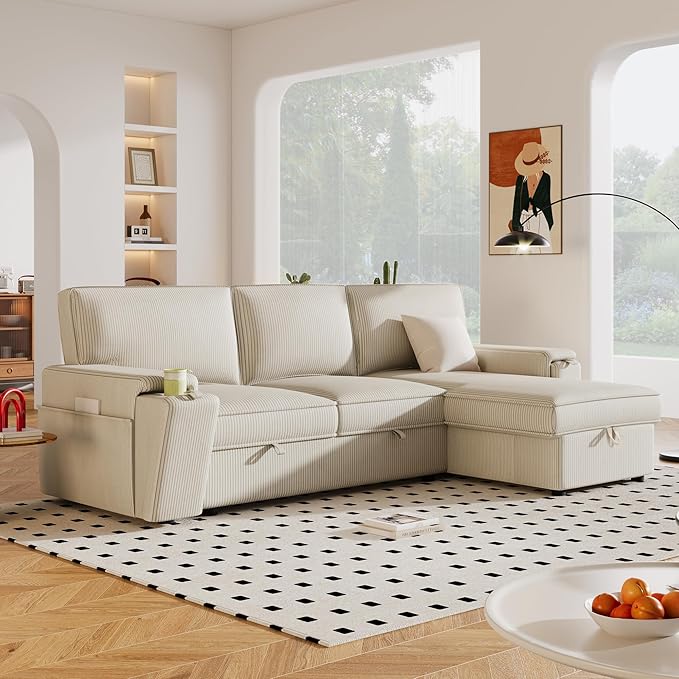 Modern Reversible Sleeper Sectional Sofa W/Pull Out Couch Bed and Large Capacity Storage Chaise, L-Shaped Corduroy Upholstered Sofa&Couch Convertible Sofabed with Hidden Cupholders for Living Room