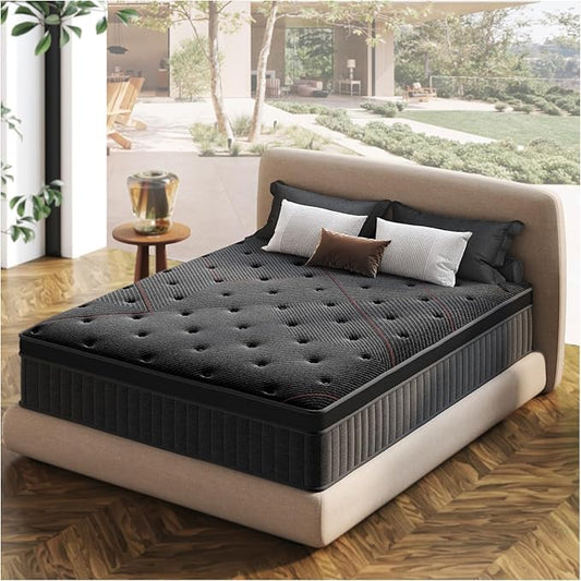 Aura-Pro King Size Cooling Gel Memory Foam Mattress with Pocket Coils, 12 Inch Medium Firm Hybrid Mattress in a Box for Back Neck Enhanced Pain Relief, 1001-Night Trial, Fiberglass-Free