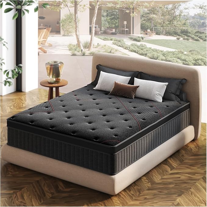 Aura-Pro Queen Size Cooling Gel Memory Foam Mattress with Pocket Coils, 12 Inch Medium Firm Hybrid Mattress in a Box for Back Neck Enhanced Pain Relief, 1001-Night Trial, Fiberglass-Free