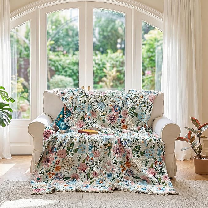 LUTBM Boho Throw Blanket for Couch Sofa Chair Cotton Spring Blankets for Bedroom Living Room All Season Lightweight Reversible Floral Embroidery Throws 50"x60"