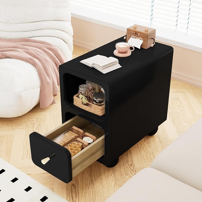 Solid Wood Nightstand, Narrow Night Stand with Drawers, Black Mid Century Modern Nightstand, Small Bedside Table with Open Storage Shelf for Bedroom (10 Inch) - Image 9