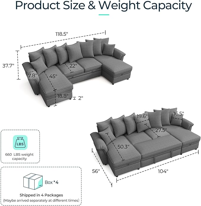 LINSY HOME Oversized Sectional Sleeper Sofa with Pull Out Couch Bed (Gray, 118.5'') | USB Charging, Pillow-style Armrest, Multiple Cushions, Storage Chaise, Corduroy Fabric