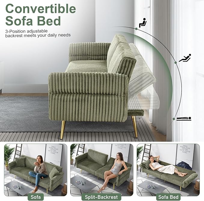 Rovibek Futon Sofa Bed, Convertible Futon Couch Bed with Adjustable Backrest, 2 Pillows, Corduroy Loveseat Futon for Small Spaces, Living Room, Apartment, Office, Green