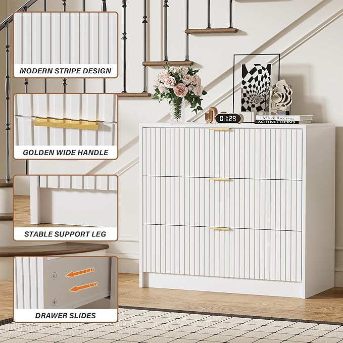 Furniway White Dresser Bedroom Set 3 Pieces, Nightstands Sets of 2, 9 Drawer Dresser with Gold Handles for Bedroom