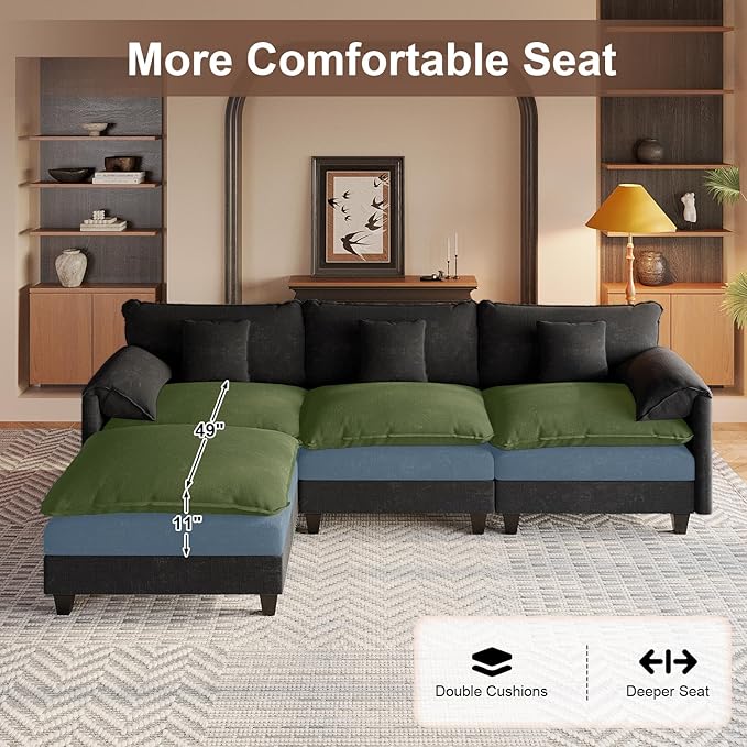 Modular Sectional Sofa, 108” Comfy Cloud Couch with Movable Ottoman | Charging Station | Side Pocket | Throw Pillow, Modern L-Shaped Couches for Living Room, Chenille, Charcoal Black