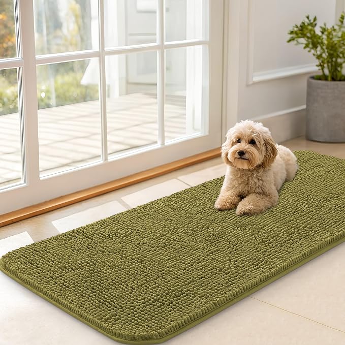 OLANLY Dog Door Mat for Muddy Paws 47x20, Absorbs Moisture and Dirt, Absorbent Non-Slip Washable Doormat, Quick Dry Chenille Mud Mat, Entry Indoor Entryway Carpet for Inside Floor, Willow Green by OLANLY