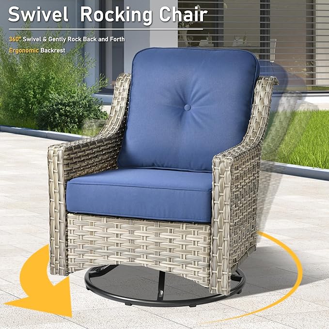 HOOOWOOO 9 Piece Patio Furniture Conversation Sets with Swivel Rocking Chairs,Outdoor Wicker Furniture with Ottoman,All Weather Resistant High Back Rattan Conversational Set(Navy Blue)