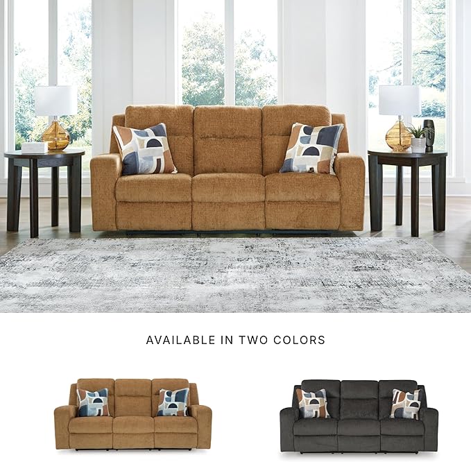 Signature Design by Ashley Kanlow Contemporary Manual Reclining Sofa with 2 Accent Pillows, Light Brown