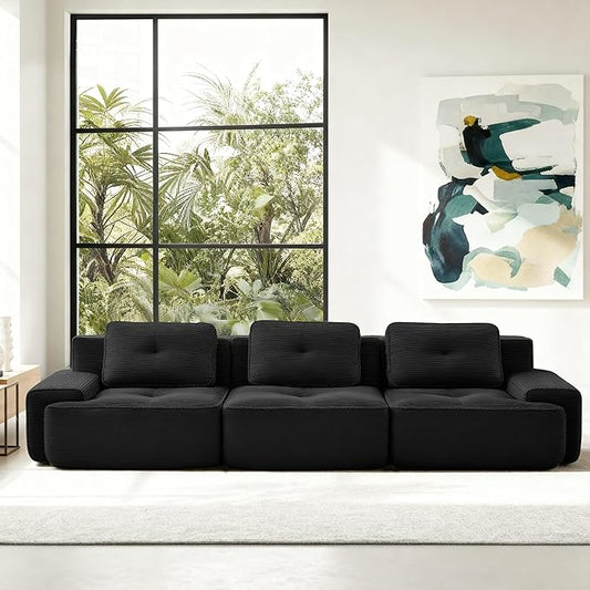 Casaphoria 115'' Black Corduroy Sofa, Boneless Sectional Couch with 3 Pillows for Modern Living Room, Deep Seat Sofa No Assembly Modular Cloud Couch