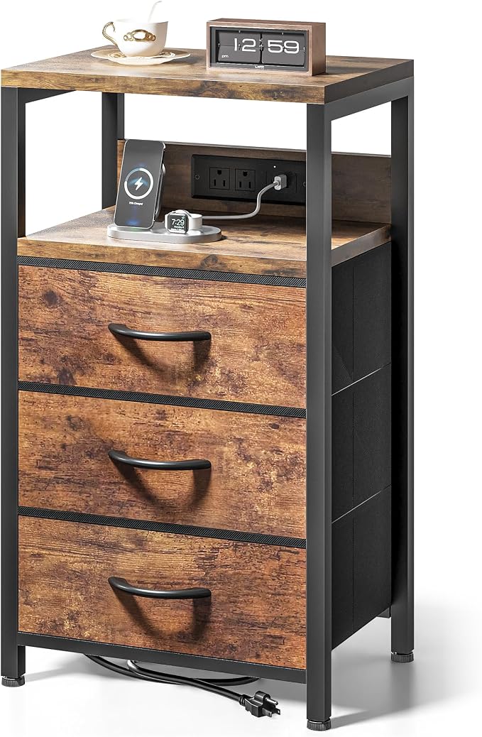 Lazzanto NightStand Bedside Charging Table Bedroom - Night Stand with Charger Station, Modern Nightstand with Open Shelf & 3 Fabric Drawers, Bed Side Table USB-C Port for Dorm Living Room by Lazzanto