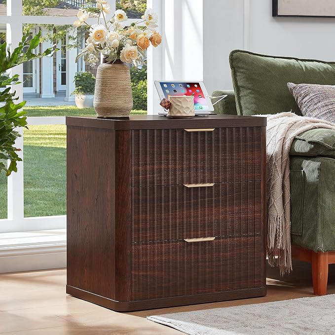 LEYAOYAO Fluted Farmhouse Nightstand Set of 2 with Charging Station, 23" Wide 3 Drawers Night Stand,Walnut Dresser for Bedroom,Bed Side Table Chest of Drawers,Wood End Table for Living Room - Image 2