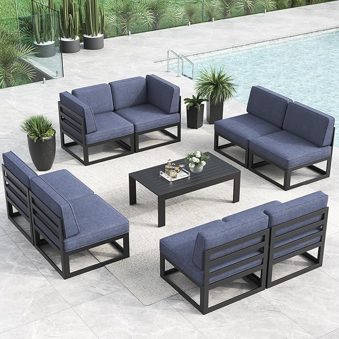 LayinSun Large Aluminum Patio Furniture Set, 9 Pieces Modern Outdoor Conversation Set Sectional Metal Sofa Set with Olefin Cushion