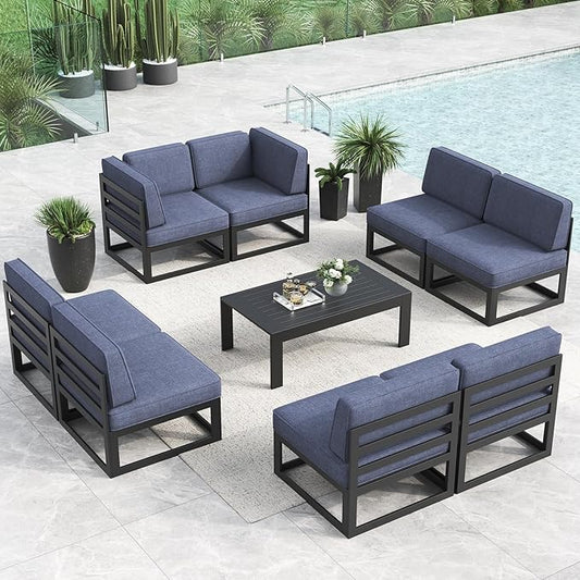 LayinSun Large Aluminum Patio Furniture Set, 9 Pieces Modern Outdoor Conversation Set Sectional Metal Sofa Set with Olefin Cushion