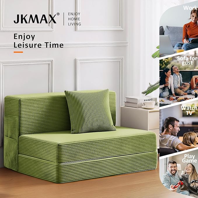 Queen Size Folding Sofa Bed - 4 in 1 Convertible Sleeper Chair with Two Pillows - High Density Memory Foam Futon Couch - Foldable Bed for Living Room Bedroom (Green)