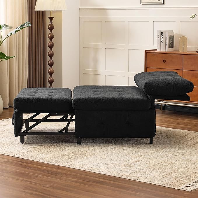VINGLI Convertible Sofa Bed Tufted Teddy Fleece Sleeper Chair Bed Couch Armless Living Room Chairs with Adjustable Backrest Pull Out Couch Bed for Small Spaces