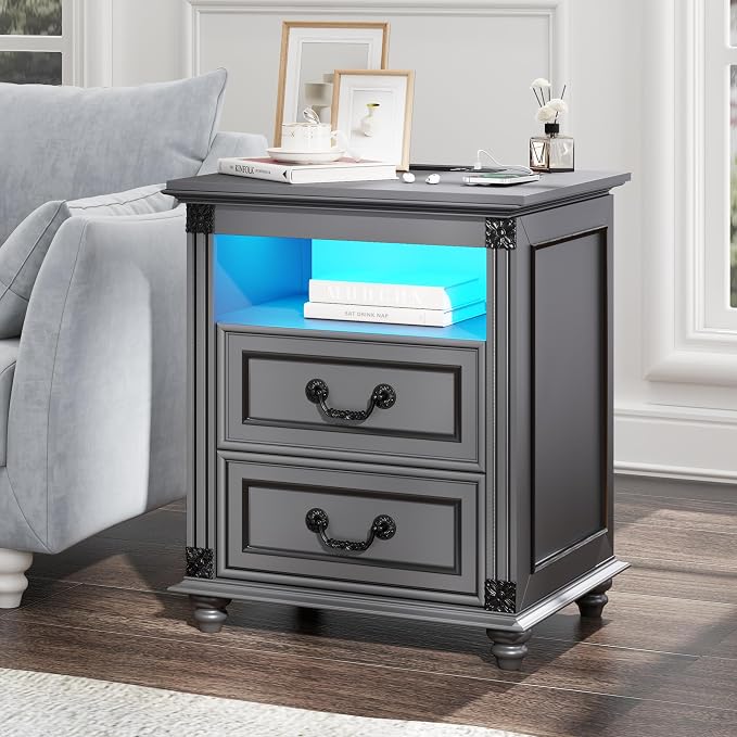 Nightstand Set of 2 with Charging Station, Night Stand with 3 Color LED Lights, Side Table with 2 Drawers Storage, Bedside EndTable with 4 Solid Wood Feet for Bedroom, Grey - Image 2