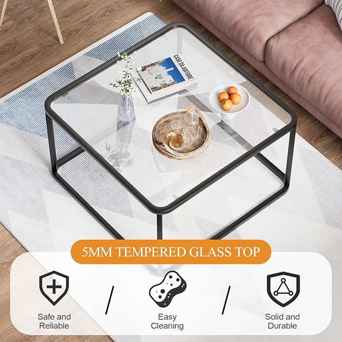 Coffee Table Glass, Minimalist Square Tables for Living Room, Modern Center Table for Office or Small Space, Tempered Glass, Sturdy Metal Frame, Easy Assembly, 26.4 x 26.4 x 15.7 Inches, Black