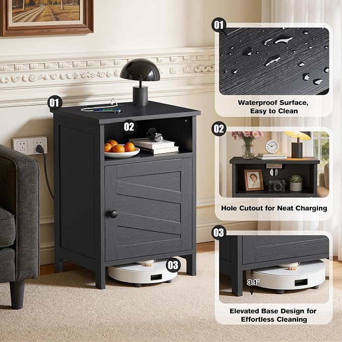 Night Stand with Charging Station, Farmhouse Nightstand with Open Shelf, Bedside Table with Enclosed Cabinet, Wooden End Table with USB Ports & Outlets for Bedroom - Image 5