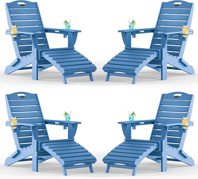 Adjustable Adirondack Chairs Set of 4 with Retractable Ottoman, HDPE Folding Adirondack Chair with Cup Holders, Weather Resistant for Backyard, Poolside & Fire Pit(Navy Blue) by Suunyn