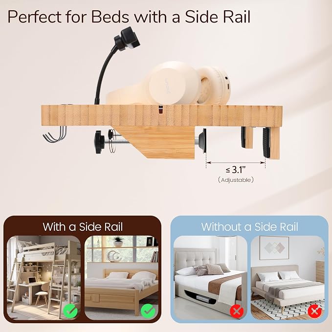 Bedside Shelf for Dorm Bed & Top Bunk, Bamboo Bed Side Table Tray with Cup Phone Holder & Hooks, Bedside Caddy, Clip on Nightstand Bedside Storage College Dorm Room Essentials (Bamboo) - Image 5