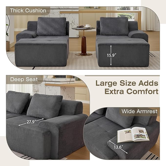 Boneless Couches for Living Room, Corduroy Couch, Modular Sectional Sofa, Big Comfy Couch, Modular Cloud Sofa with Deep Seat, Sofabed (Grey, 4 Pieces-Bedshape)