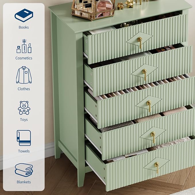 GarveeHome Fluted Dresser for Bedroom, 42.9" Tall 5-Drawer Wood Dresser, Modern Chest of Drawers, Storage Organizer Cabinet for Living Room, Hallway, Entryway, Green - Image 3