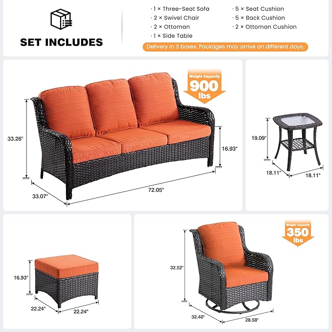 ovios 6-Piece Patio Furniture Set with Swivel Chairs Coffee Table, Outdoor Wicker Sofa with Comfy Cushions, High Back Couch Modern Conversation Sets, Brown/Orange Red