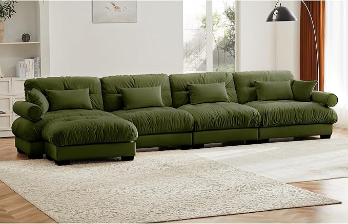 KEIKI 166" L-Shaped Oversized Velvet Modular Sectional Sofa with 1 Ottoman, High-Density Foam Cushions and Bolstered Armrests, Upholstered 4-Seater Cloud Couch with 6 Pillow, for Living Room, Green