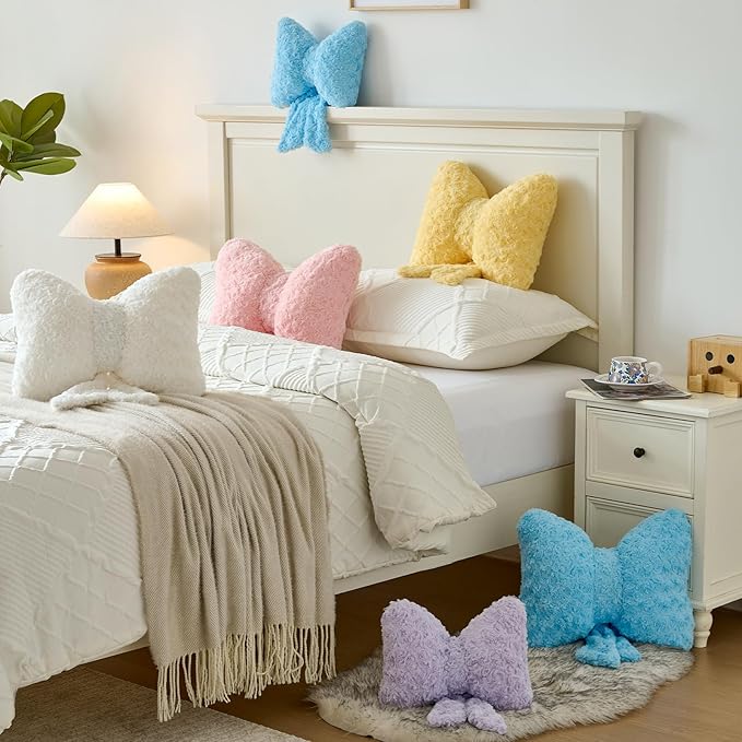 Bow Pillow, Decorative Bow Pillows with Soft Plush for Couch Bed, Bow Shaped Throw Pillow Room Decor for Bedroom, Bow Decorative Pillow for Living Room (Blue, Small-12 Inches)