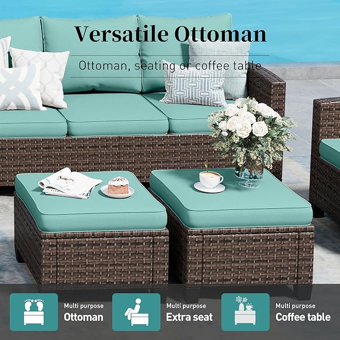 Swivel Glider Patio Furniture Set Outdoor Furniture Brown Wicker Rattan Patio Conversation Sets with Cushion Outside Sofa Set,7 Pieces 9 Seats,Blue