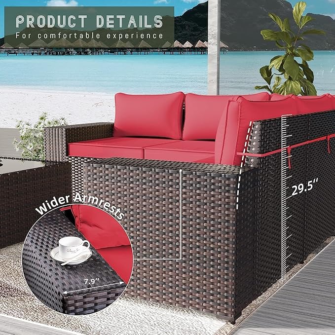 6 PCS Outdoor Patio Furniture Set,Outdoor Sectional Furniture All Weather PE Rattan Wicker Patio Conversation Set with Coffee Table and 5 Thickened Cushions,Red