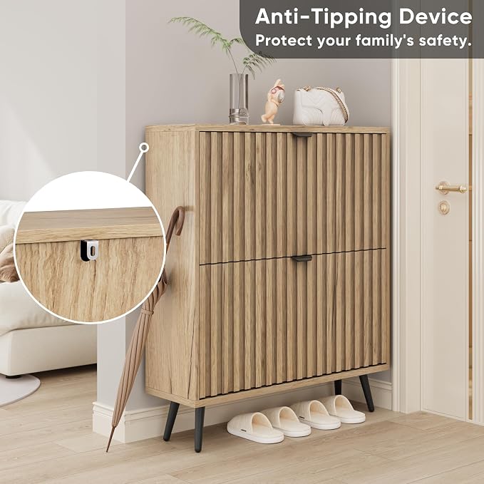 Smuxee Shoe Cabinet with 2 Flip Drawers, 31.5" Natural Hidden Shoe Storage Cabinet with Fluted Design, Freestanding Shoe Organizer Cabinet for Entryway, Hallway, Closet, Living Room - Image 6