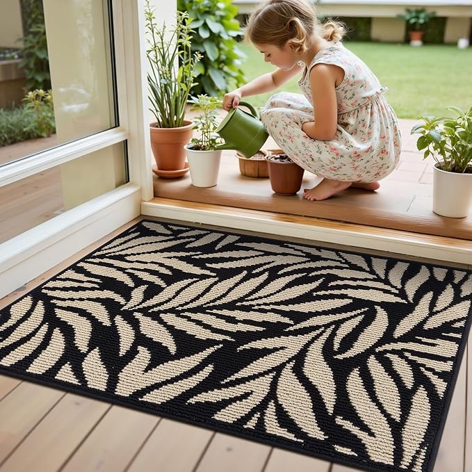 Ileading Indoor Door Mat 2x3ft, Absorbent Dog Muddy Paws Mats, Low-Profile Leaves Small Entrance Runner Carpet with Non-Slip Rubber Backing, Washable Inside Welcome Mat for Hallway,Kitchen (Black) - Image 3