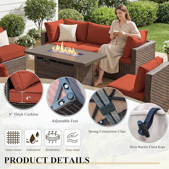 9 Piece Patio Furniture Set with Fire Pit Table, Outdoor Sectional Sofa PE Rattan, Patio Conversation Sets with Cushions for Garden Lawn Balcony Porch Deck Red