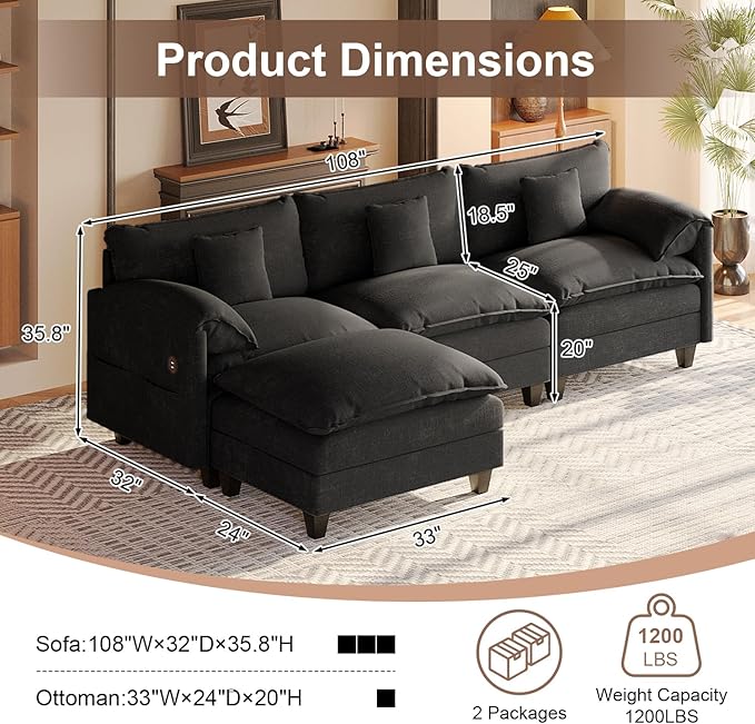Modular Sectional Sofa, 108” Comfy Cloud Couch with Movable Ottoman | Charging Station | Side Pocket | Throw Pillow, Modern L-Shaped Couches for Living Room, Chenille, Charcoal Black