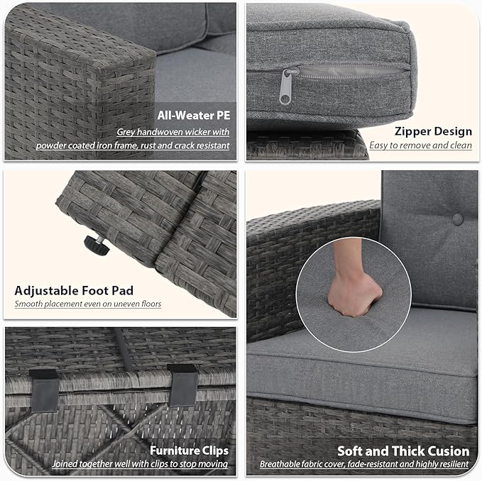 JOIVI 8 Pieces Patio Furniture Set with Storage Box, Rattan Patio Conversation Set, Rattan Couch Sectional Sofa Set with Cushions and Coffee Table for Outside Porch, Deck, Gray