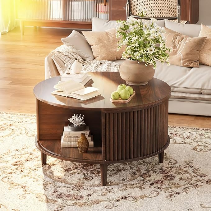Lift Top Coffee Table with Storage, Fluted Round Center Table with Sliding Cabinet Door, Small Circle Table for Living Room, Walnut